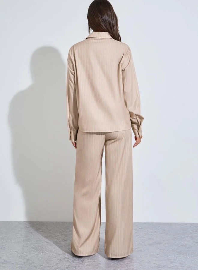 Styli  Khaki Striped Oversized Shirt and Wide Leg Pants Co-Ords for Women | Best Price UAE