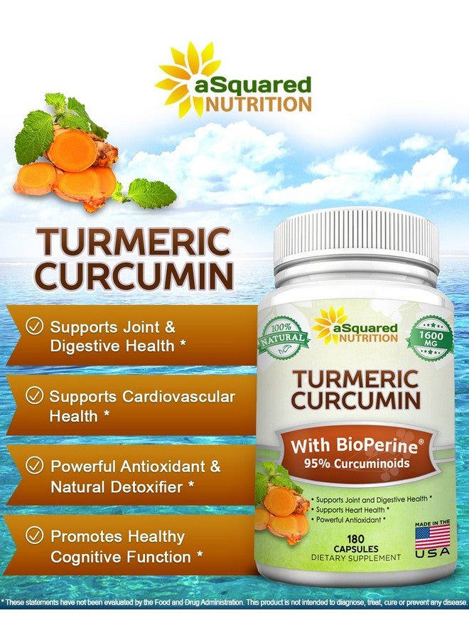 Turmeric Curcumin 1600Mg With Bioperine Black Pepper Extract 180 Capsules With 95% Curcuminoids 100% Natural Tumeric Root Powder Supplements Natural Joint Stiffness Relief Pills