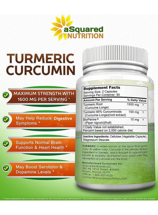 Turmeric Curcumin 1600Mg With Bioperine Black Pepper Extract 180 Capsules With 95% Curcuminoids 100% Natural Tumeric Root Powder Supplements Natural Joint Stiffness Relief Pills