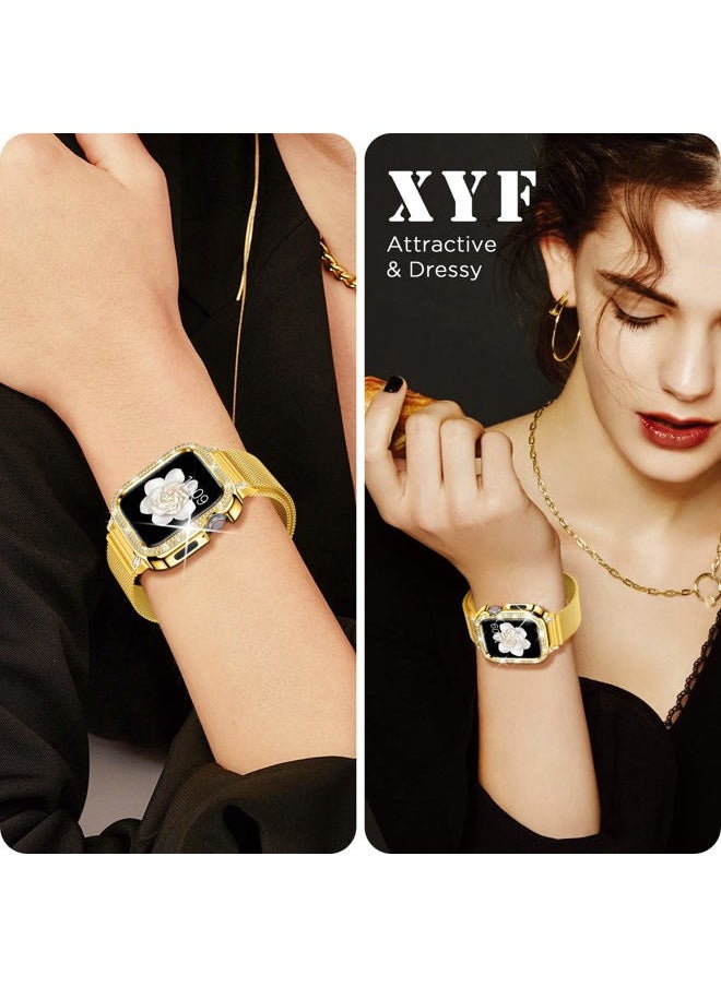 Compatible for Apple Watch Band 44mm for Women with Bumper, Stainless Steel Mesh Magnetic Luxury Rhinestone Milanese Strap Dressy iWatch Loop Series 6 / SE 5 4 (44mm, Gold)