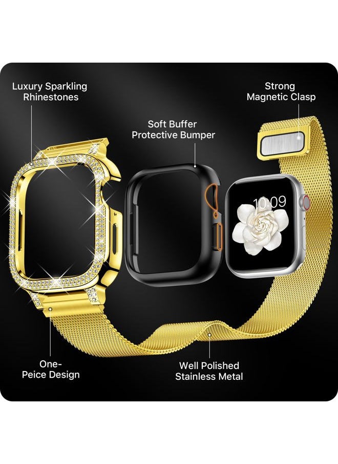 Compatible for Apple Watch Band 44mm for Women with Bumper, Stainless Steel Mesh Magnetic Luxury Rhinestone Milanese Strap Dressy iWatch Loop Series 6 / SE 5 4 (44mm, Gold)