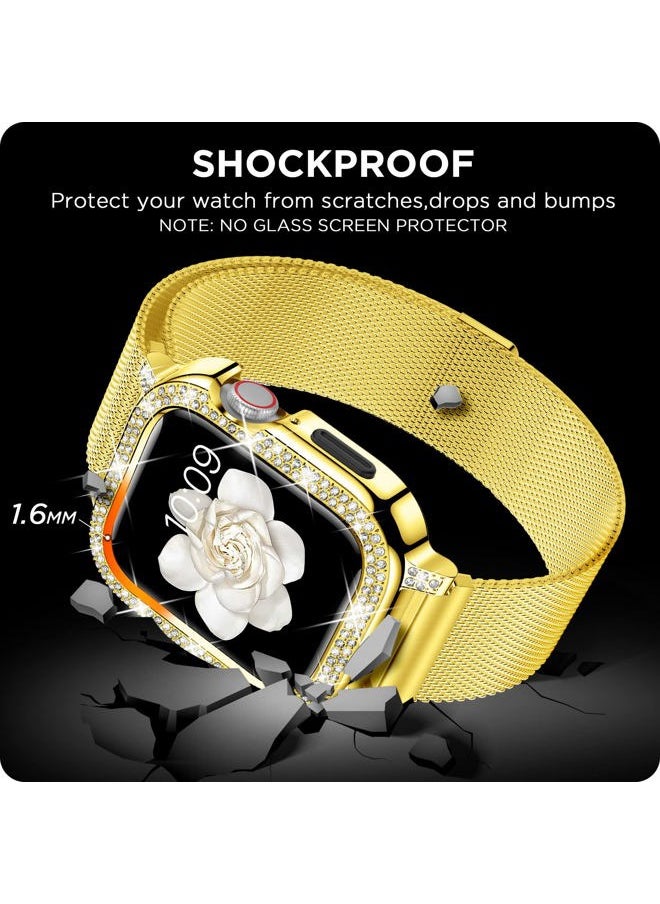 Compatible for Apple Watch Band 44mm for Women with Bumper, Stainless Steel Mesh Magnetic Luxury Rhinestone Milanese Strap Dressy iWatch Loop Series 6 / SE 5 4 (44mm, Gold)