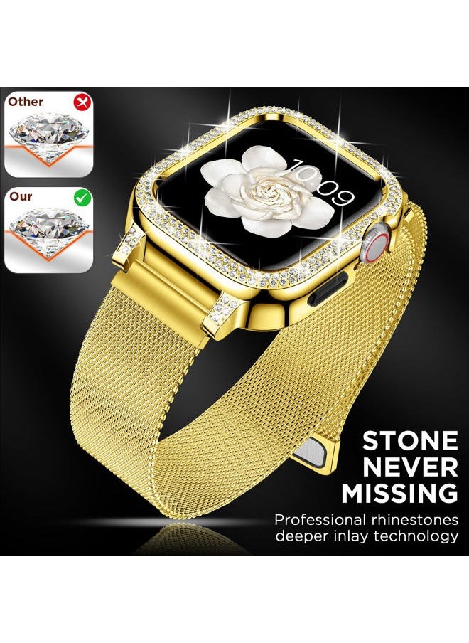 Compatible for Apple Watch Band 44mm for Women with Bumper, Stainless Steel Mesh Magnetic Luxury Rhinestone Milanese Strap Dressy iWatch Loop Series 6 / SE 5 4 (44mm, Gold)
