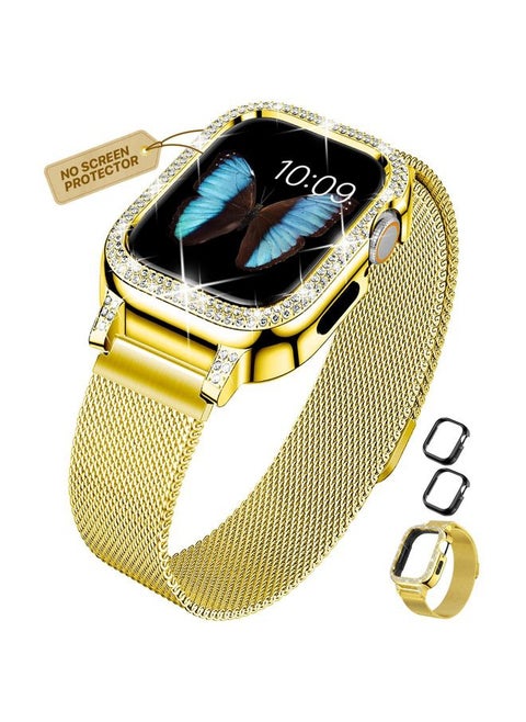 Compatible for Apple Watch Band 44mm for Women with Bumper, Stainless Steel Mesh Magnetic Luxury Rhinestone Milanese Strap Dressy iWatch Loop Series 6 / SE 5 4 (44mm, Gold)