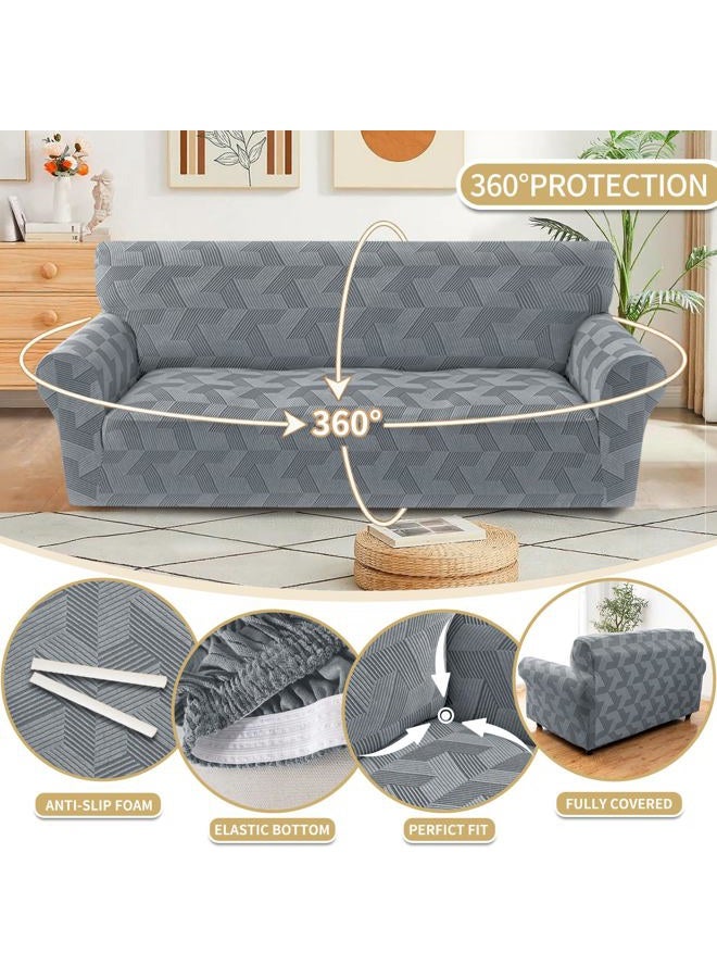 JIVINER JIVENER 1 Piece Couch Cover for 2 Cushion Couch, High Stretch Loveseat Covers with Elastic Bottom, Washable Sofa Slipcovers for Dog, Pets Feature Geometrical Jacquard Fabric (Loveseat, Light Grey) - Image 4