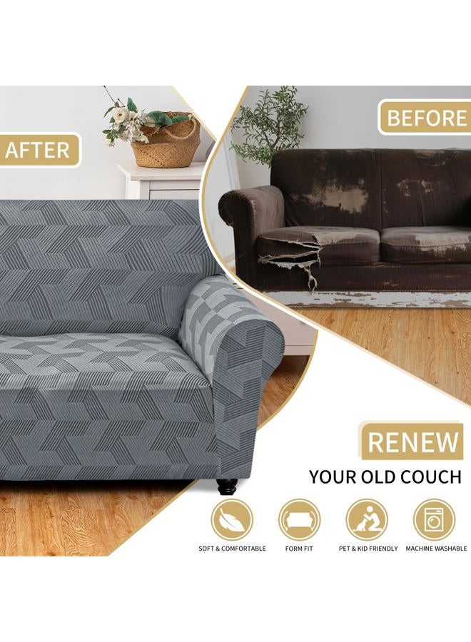 JIVINER JIVENER 1 Piece Couch Cover for 2 Cushion Couch, High Stretch Loveseat Covers with Elastic Bottom, Washable Sofa Slipcovers for Dog, Pets Feature Geometrical Jacquard Fabric (Loveseat, Light Grey) - Image 5