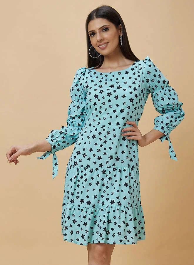 globus Globus Women Blue Floral Printed Puff Sleeves A-Line Knee-Length Dress