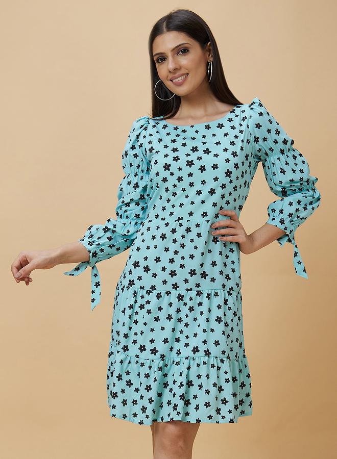 globus Women Blue Floral Printed Puff Sleeves A-Line Knee-Length Dress - Image 2