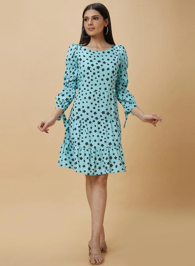 globus Women Blue Floral Printed Puff Sleeves A-Line Knee-Length Dress