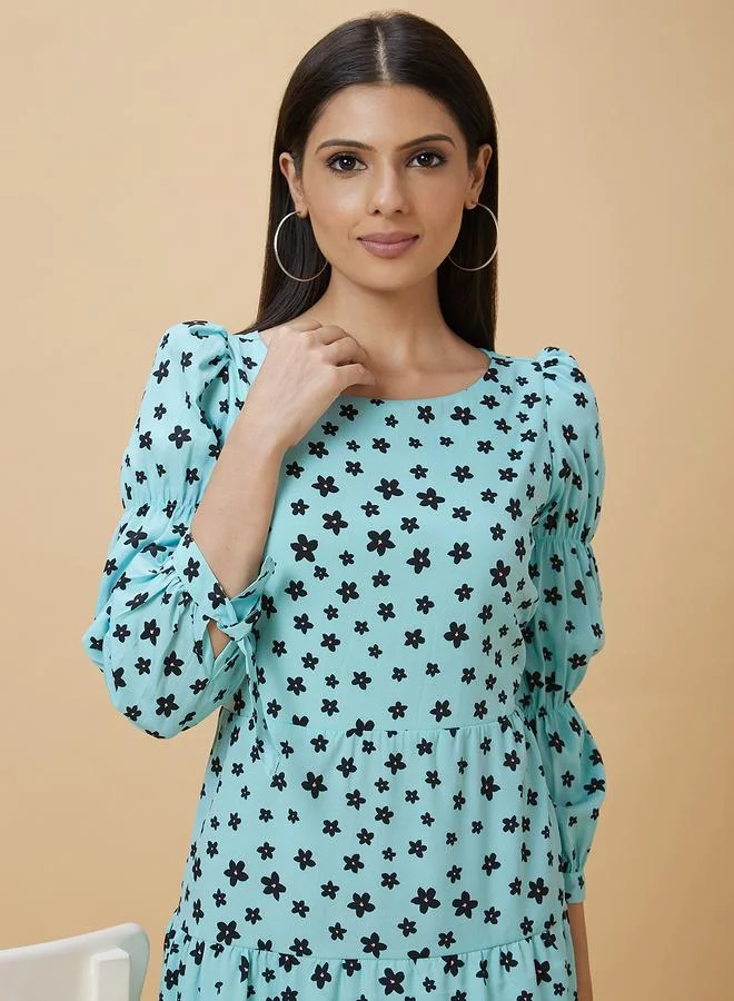 globus Globus Women Blue Floral Printed Puff Sleeves A-Line Knee-Length Dress