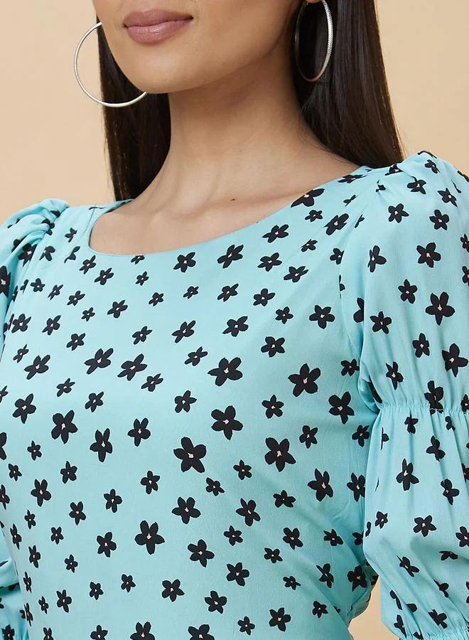 globus Women Blue Floral Printed Puff Sleeves A-Line Knee-Length Dress