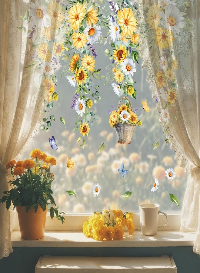 وولاين مجموعة ملصقات نوافذ زهرية ربيعية صيفية من والين، 9 أوراق، ملصقات نوافذ على شكل زهور معلقة، ملصقات نوافذ على شكل أزهار الأقحوان والأوكالبتوس، قابلة لإعادة الاستخدام، زينة للحفلات والمنزل والمكتب والفصل الدراسي - Image 5