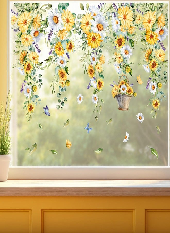 وولاين مجموعة ملصقات نوافذ زهرية ربيعية صيفية من والين، 9 أوراق، ملصقات نوافذ على شكل زهور معلقة، ملصقات نوافذ على شكل أزهار الأقحوان والأوكالبتوس، قابلة لإعادة الاستخدام، زينة للحفلات والمنزل والمكتب والفصل الدراسي - Image 4