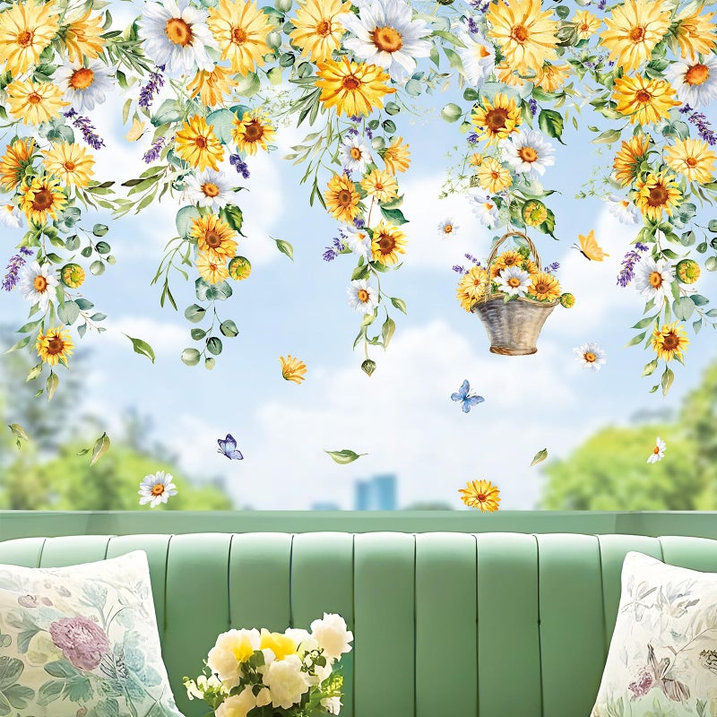 وولاين مجموعة ملصقات نوافذ زهرية ربيعية صيفية من والين، 9 أوراق، ملصقات نوافذ على شكل زهور معلقة، ملصقات نوافذ على شكل أزهار الأقحوان والأوكالبتوس، قابلة لإعادة الاستخدام، زينة للحفلات والمنزل والمكتب والفصل الدراسي - Image 1