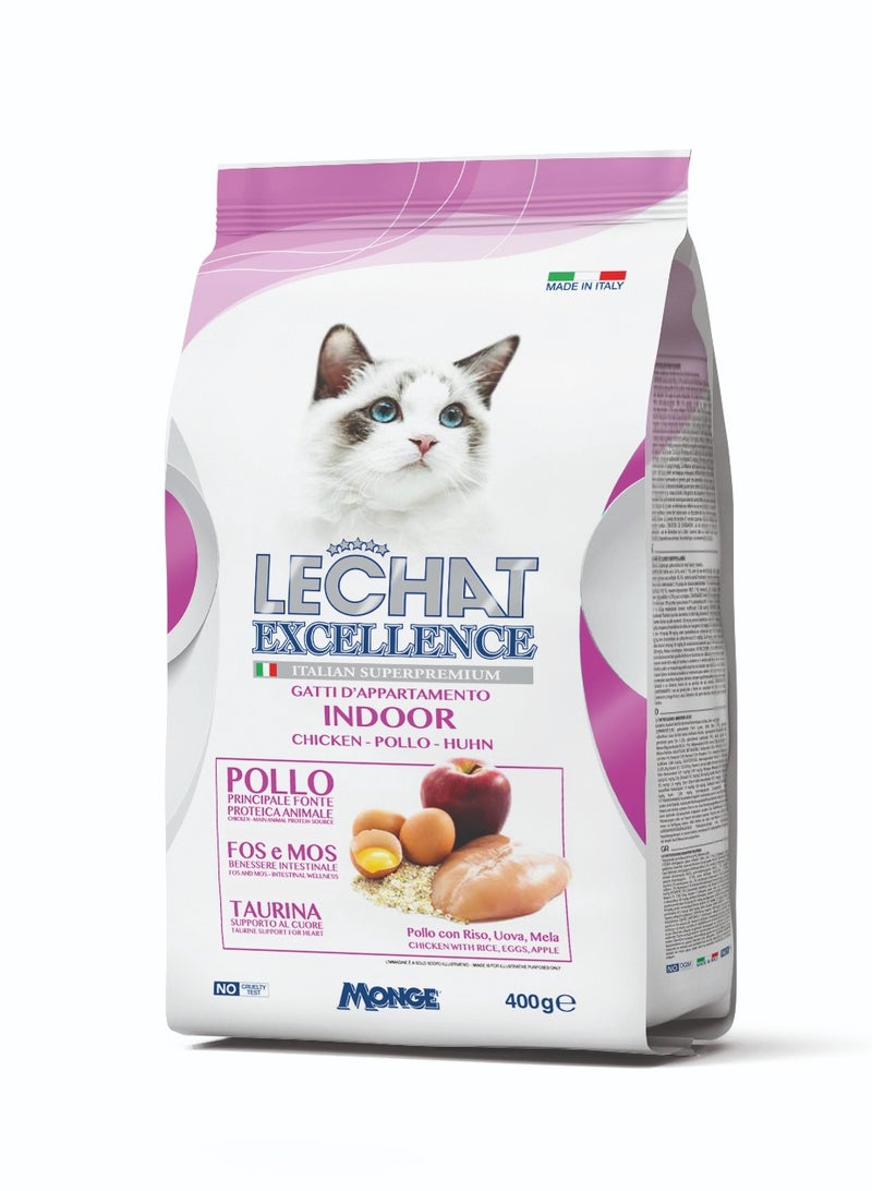 Monge Lechat Excellence by Monge | Indoor Cat Dry Food with Chicken, Rice, Egg and Apple | Super Premium Complete Dry Cat Food - 400g - Image 1