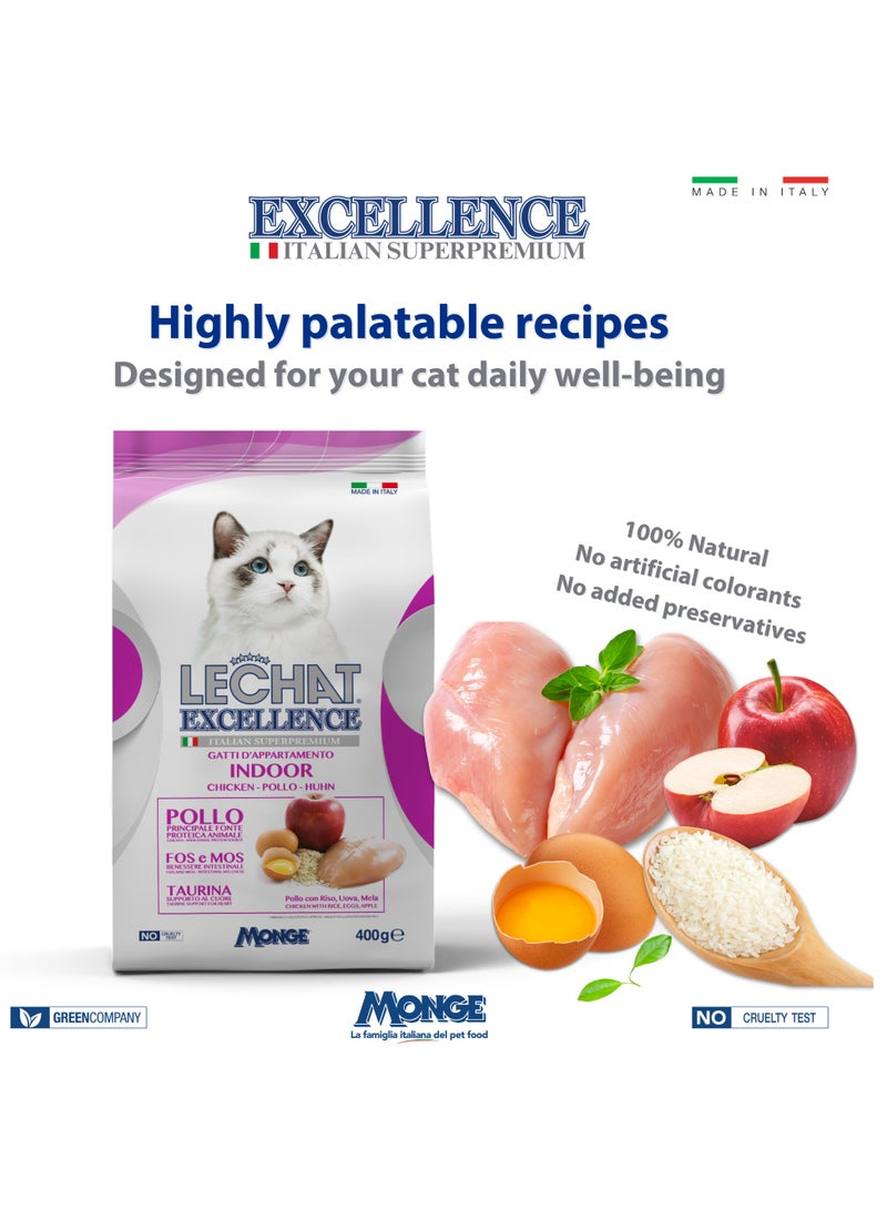 Monge Lechat Excellence by Monge | Indoor Cat Dry Food with Chicken, Rice, Egg and Apple | Super Premium Complete Dry Cat Food - 400g - Image 3