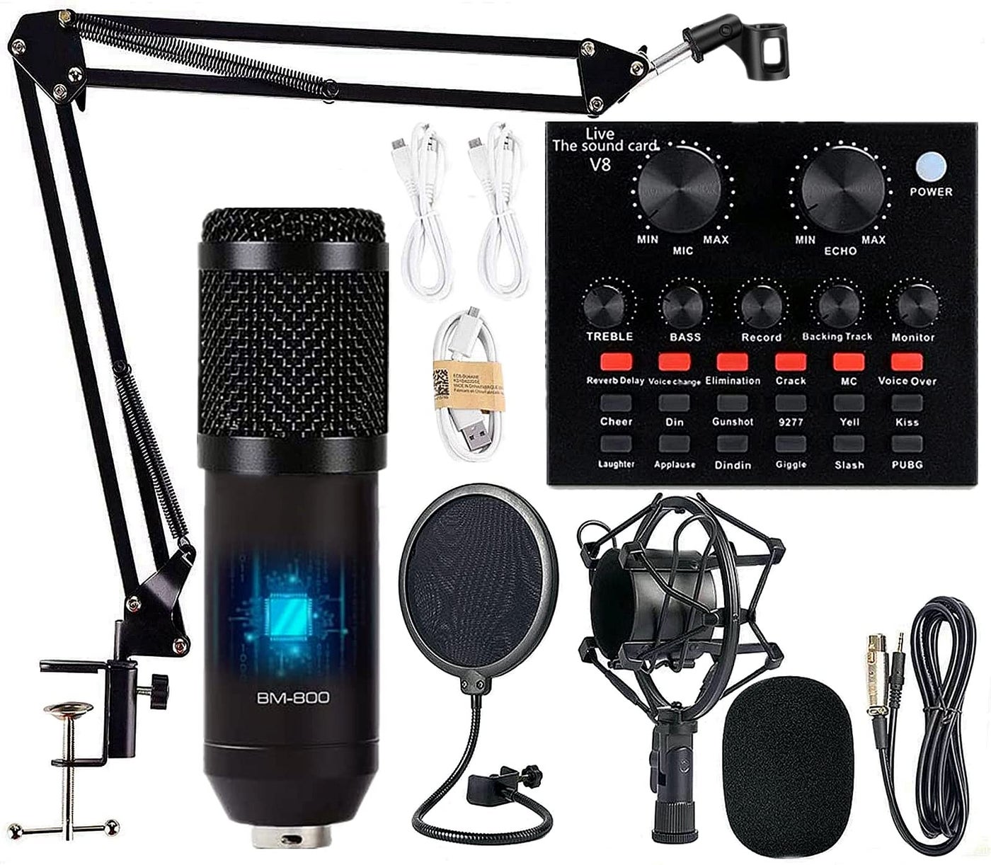 Podcast Equipment Bundle BM800 Mic Kit with Live Sound Card Adjustable Mic Suspension Scissor Arm Metal Shock Mount and DoubleLayer Pop Filter for Studio Recording Broadcasting CF200Black