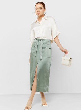 Tie Detail Front Slit Skirt