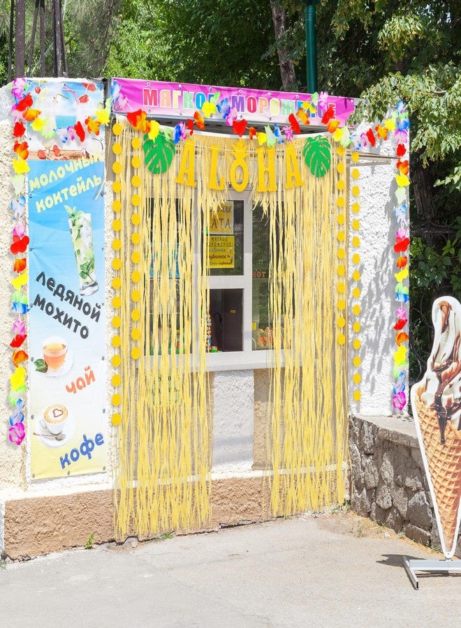 Dingion 4 Pcs Hawaiian Party Decorations Sets Aloha Graduation Party Decor Summer Raffia Door Curtain, Gold Glittery Aloha Banner, 2 Tropical Luau Leis for Hawaiian Luau Holiday Wedding Beach - Image 3