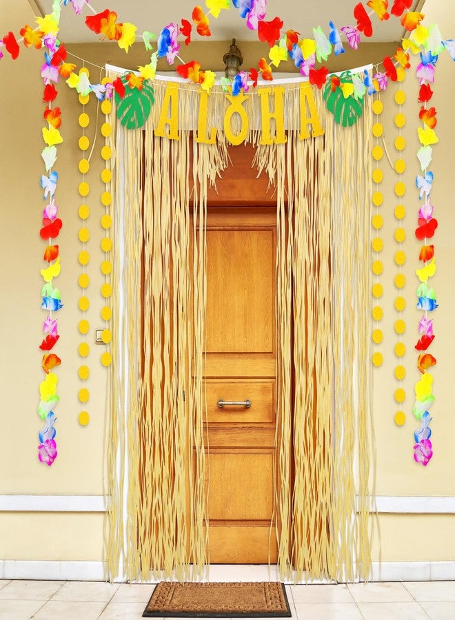 Dingion 4 Pcs Hawaiian Party Decorations Sets Aloha Graduation Party Decor Summer Raffia Door Curtain, Gold Glittery Aloha Banner, 2 Tropical Luau Leis for Hawaiian Luau Holiday Wedding Beach - Image 4