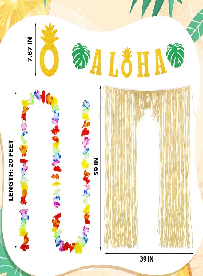 Dingion 4 Pcs Hawaiian Party Decorations Sets Aloha Graduation Party Decor Summer Raffia Door Curtain, Gold Glittery Aloha Banner, 2 Tropical Luau Leis for Hawaiian Luau Holiday Wedding Beach - Image 2