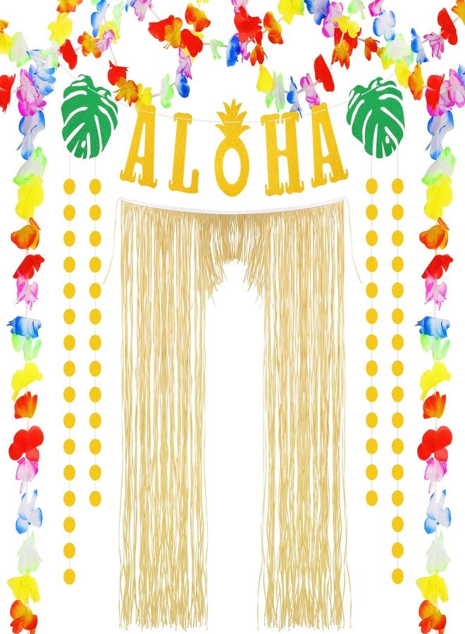 Dingion 4 Pcs Hawaiian Party Decorations Sets Aloha Graduation Party Decor Summer Raffia Door Curtain, Gold Glittery Aloha Banner, 2 Tropical Luau Leis for Hawaiian Luau Holiday Wedding Beach - Image 1