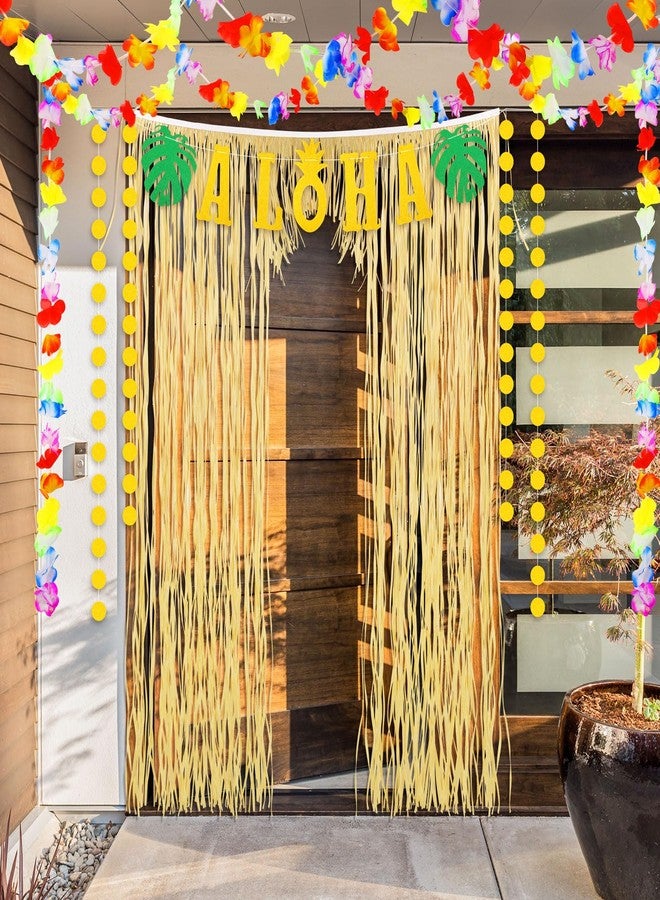 Dingion 4 Pcs Hawaiian Party Decorations Sets Aloha Graduation Party Decor Summer Raffia Door Curtain, Gold Glittery Aloha Banner, 2 Tropical Luau Leis for Hawaiian Luau Holiday Wedding Beach - Image 5