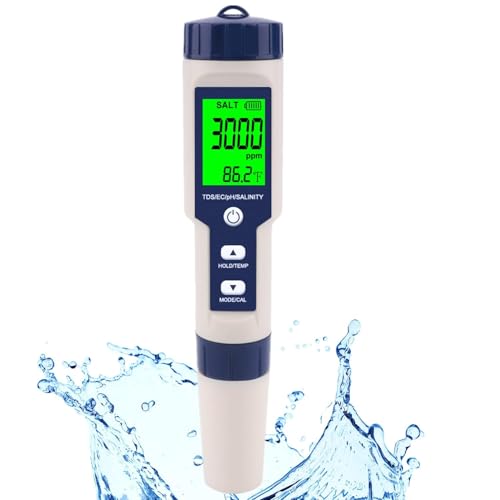 Hofun Pool Salt Tester & PH Meter, Hofun Digital Salinity Meter and PH Tester for Aquarium and Pool Saltwater Water, 5 in 1 Salinity PH Temp EC and TDS Meter, Aquarium Swimming Pool Hot Tub, High Accuracy - Image 1