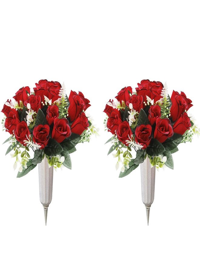 U'Artlines 2Pcs Artificial Cemetery Flowers for Grave Silk Memorial Red Rose Flowers Outdoor Grave Flowers for Grave Vase Cemetery Flower Arrangements (Not Included Vase) - Image 1