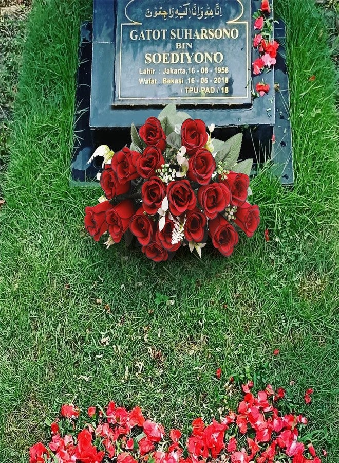 U'Artlines 2Pcs Artificial Cemetery Flowers for Grave Silk Memorial Red Rose Flowers Outdoor Grave Flowers for Grave Vase Cemetery Flower Arrangements (Not Included Vase) - Image 3