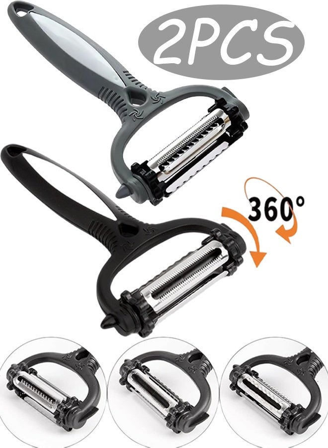 2 Pcs 3 in 1 Stainless Steel Vegetable Peeler Double Sided Blade Julienne Cutter and Fruit Slicer Multifunctions Potato Peeler for Home Kitchen Restaurant Picnic Family Cooking Prep,Black and Grey - Image 1