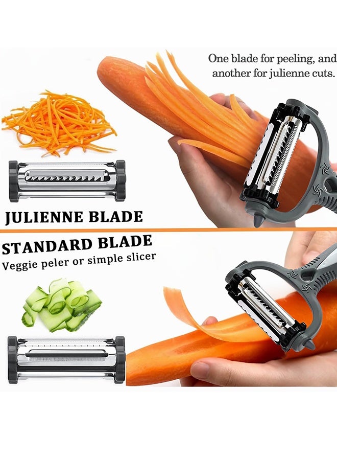 2 Pcs 3 in 1 Stainless Steel Vegetable Peeler Double Sided Blade Julienne Cutter and Fruit Slicer Multifunctions Potato Peeler for Home Kitchen Restaurant Picnic Family Cooking Prep,Black and Grey - Image 4