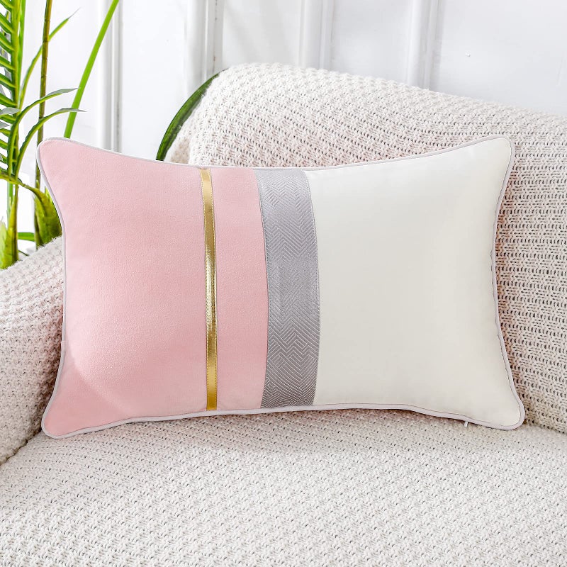 PANOD Patchwork Pink SilkLike Velvet Throw Pillow Cover with Gold Striped Leather Cushion Case Modern Luxury Lumbar Pillowcase for Sofa Couch Bedroom Living Room Home12x20 inch