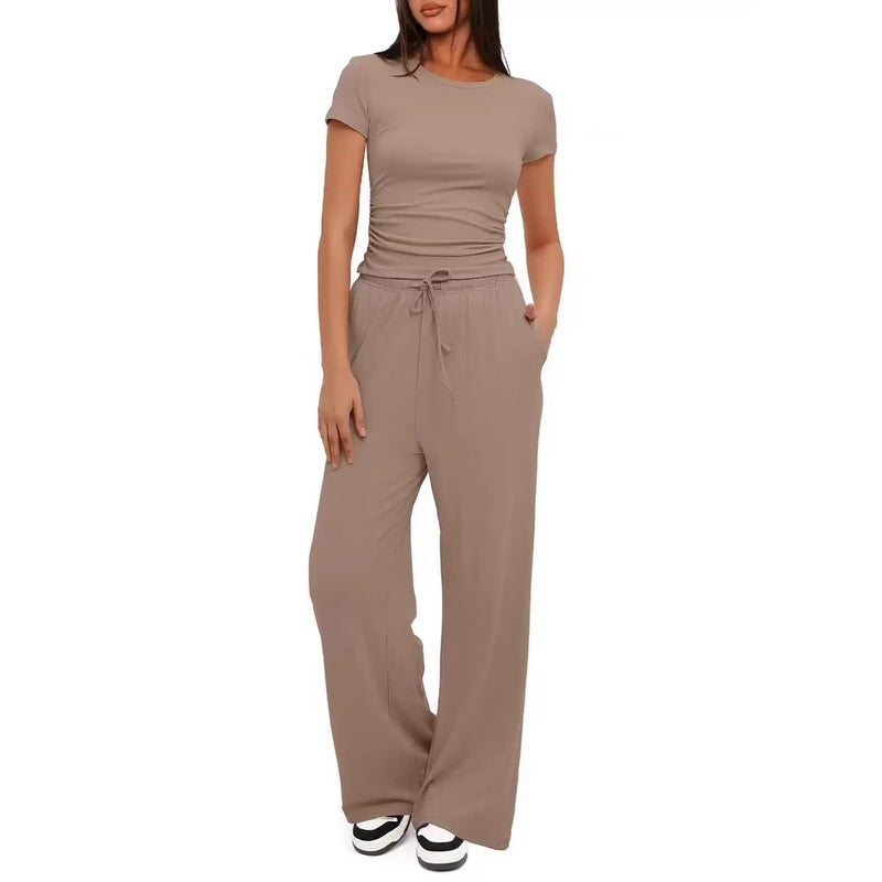 2025 and Women''s Two-Piece Casual Set with Ruched Fashion Short-Sleeve Top and Wide-Leg Pants - Image 5