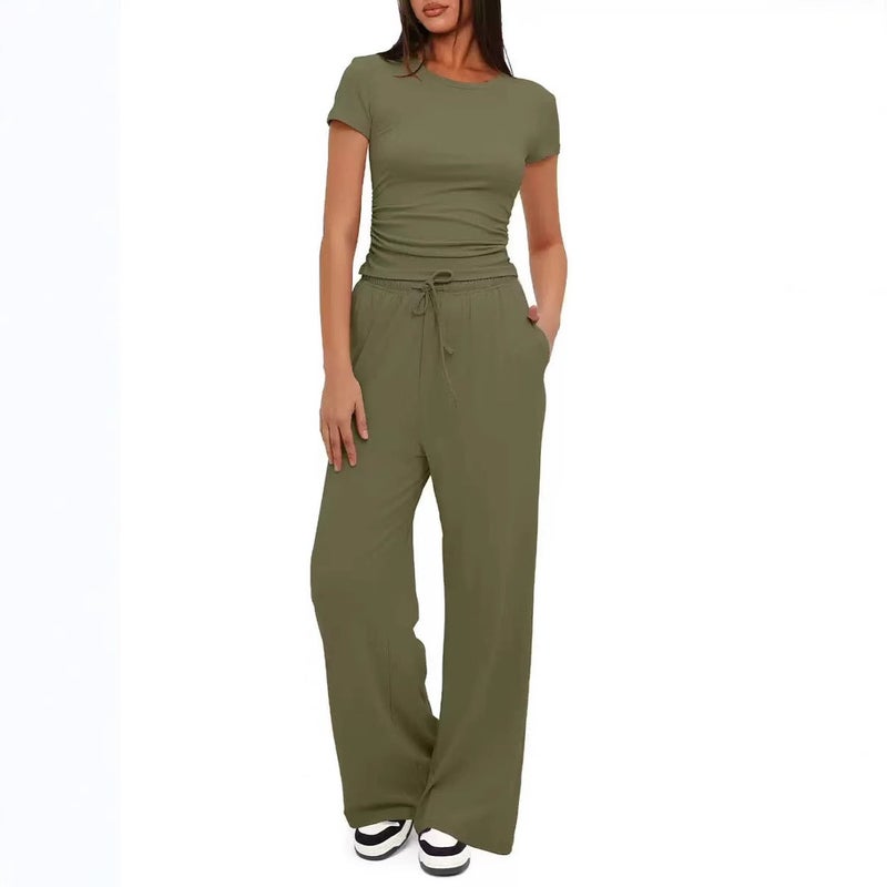 2025 and Women''s Two-Piece Casual Set with Ruched Fashion Short-Sleeve Top and Wide-Leg Pants - Image 3
