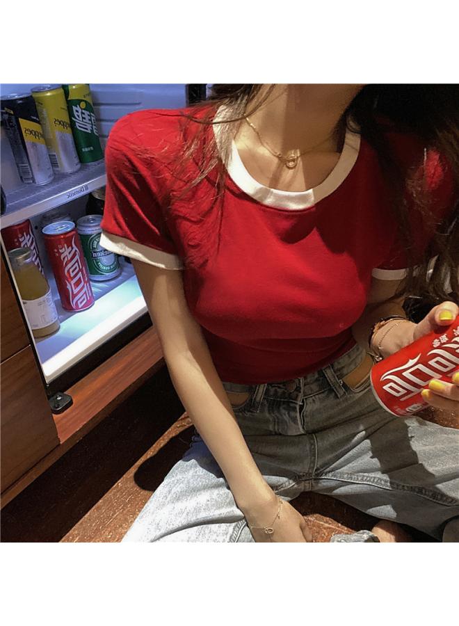 Short Casual Bottoming Shirt Top Women's Slim Short Sleeve T-shirt Women's Summer Solid Color Round Neck Korean Women's Clothing 