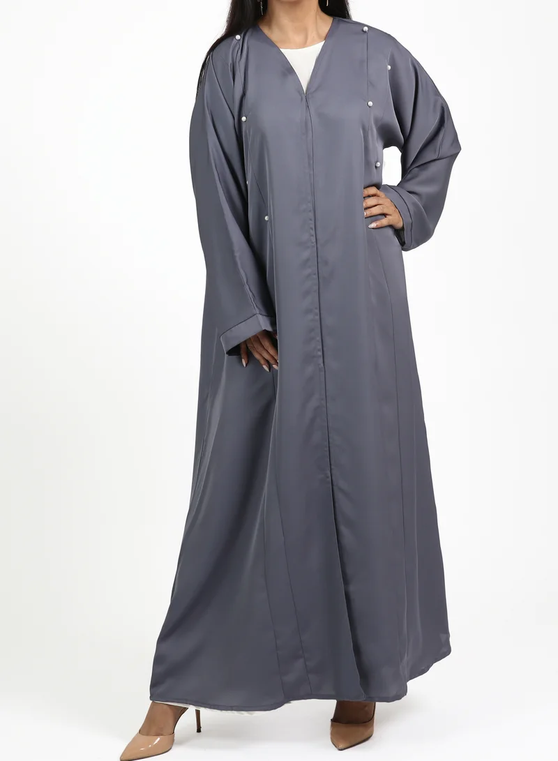Nikias Grey Nida Abaya with Pearl Work on Front