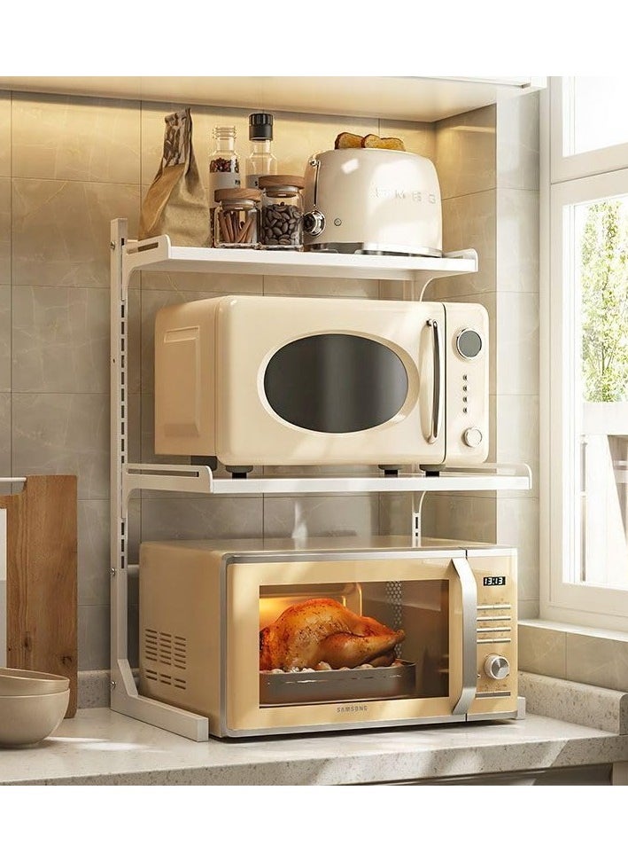 Extendable Microwave Oven Rack Microwave/Toaster Shelf Heavy Duty Stand Kitchen Counter Top Organizer Adjustable Height & Length 3-Tier with 6 Hooks (3 Layers of White)