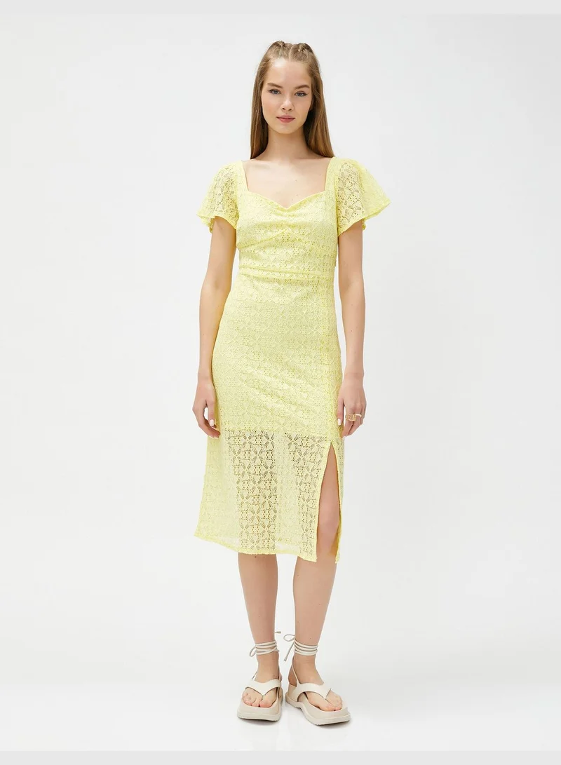 KOTON Short Sleeve Sweetheart Neck Lacy Midi Slit Dress