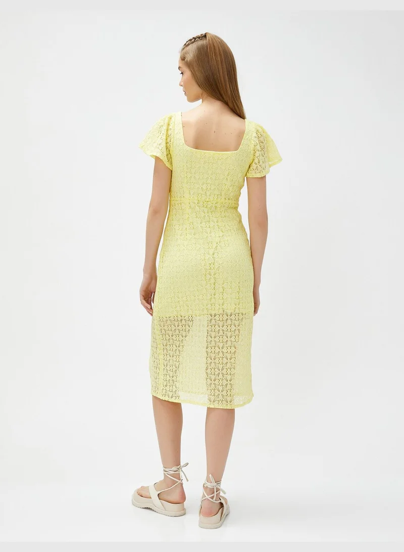 KOTON Short Sleeve Sweetheart Neck Lacy Midi Slit Dress