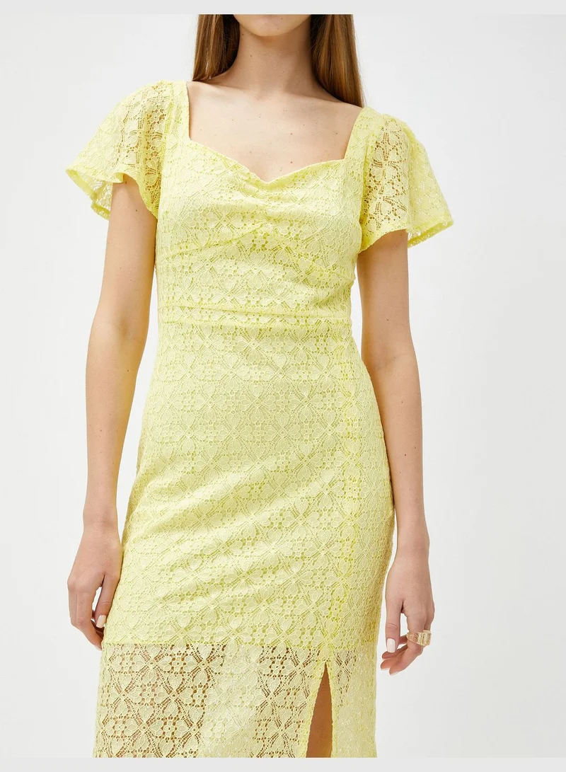KOTON Short Sleeve Sweetheart Neck Lacy Midi Slit Dress