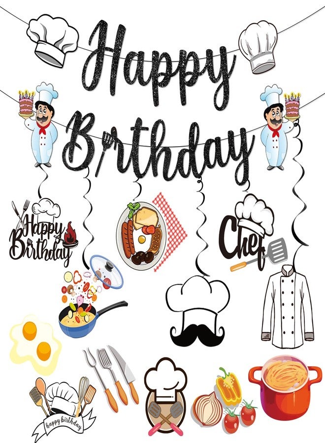 MZ.ogm Chef Birthday Banner Black Glitter with Hanging Swirls Stickers, Chef Birthday Party Decorations, Masterchef Cook Party Decorations for Cooker - Image 1