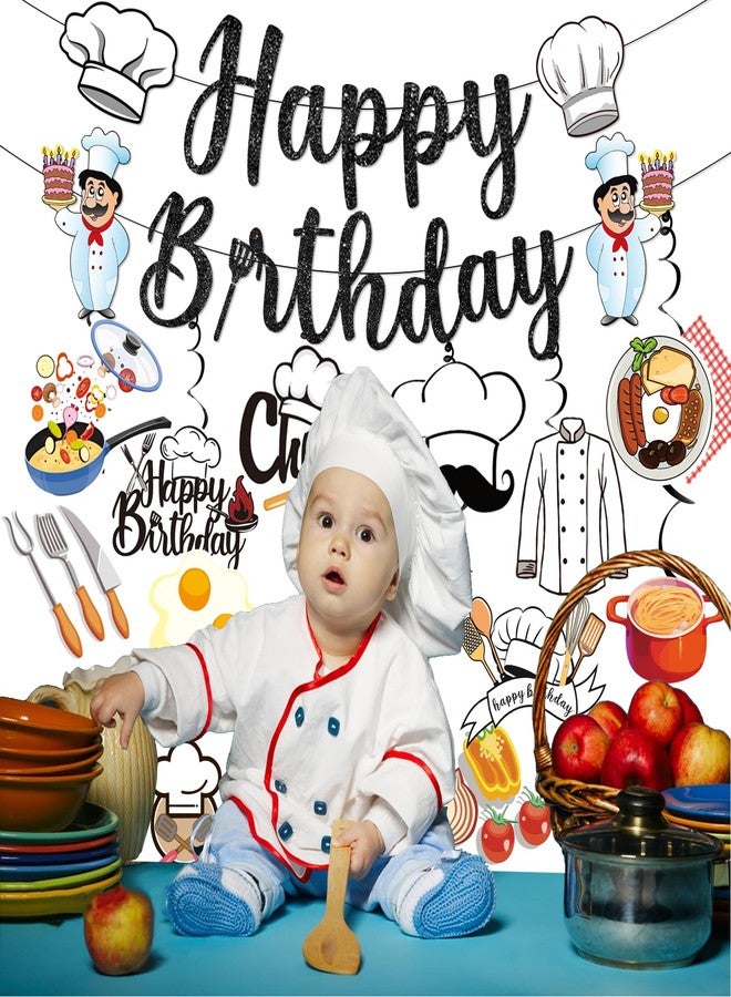 MZ.ogm Chef Birthday Banner Black Glitter with Hanging Swirls Stickers, Chef Birthday Party Decorations, Masterchef Cook Party Decorations for Cooker - Image 5