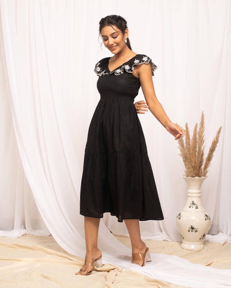 FIORRA Women's Balck Colour Solid Cotton Skater Dress DR0001 Black - Image 4