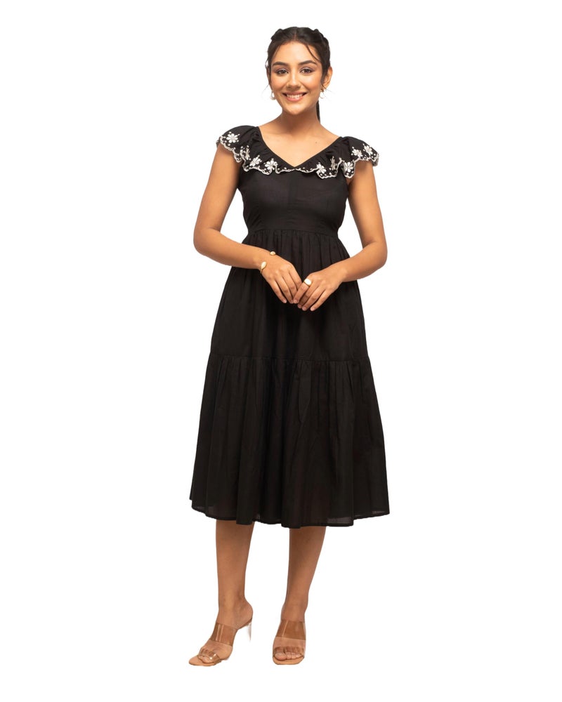 FIORRA Women's Balck Colour Solid Cotton Skater Dress DR0001 Black - Image 1