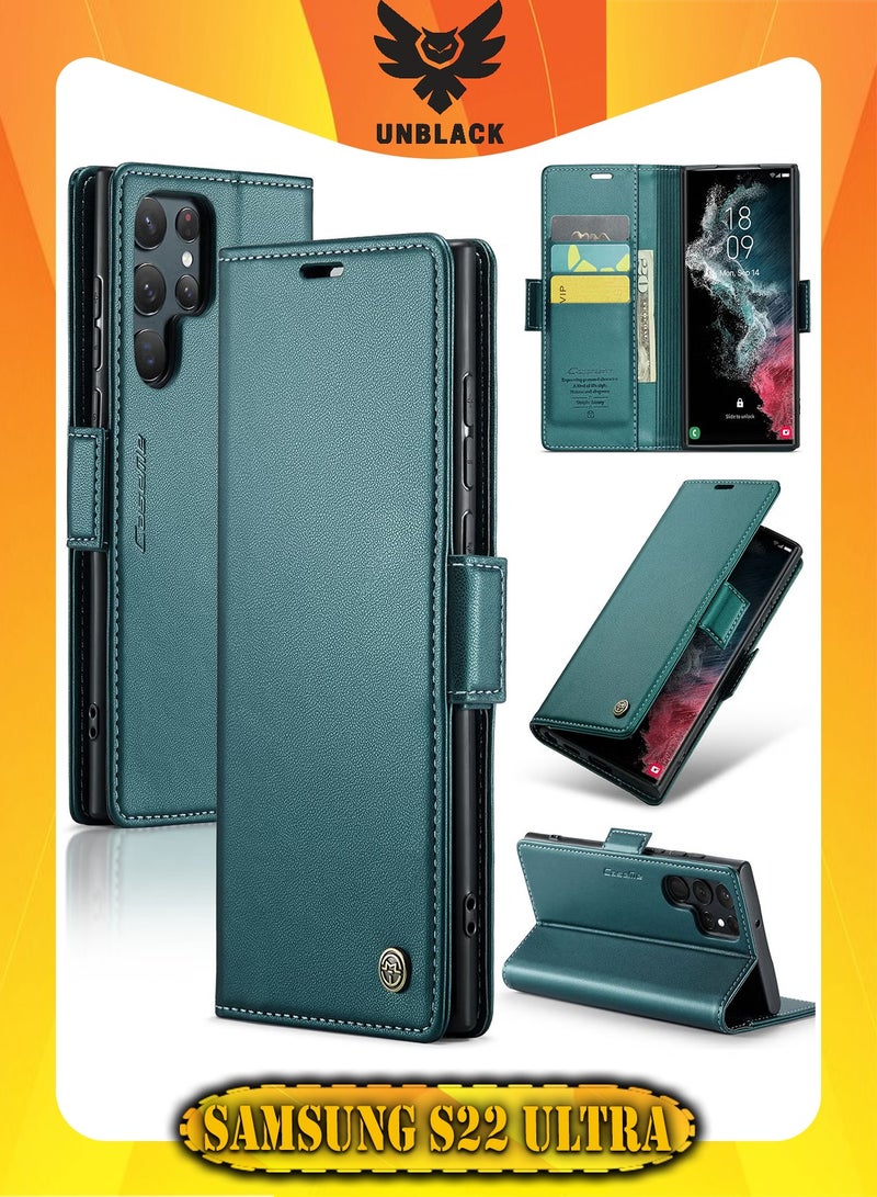 CaseMe Flip Wallet Case For Samsung Galaxy S22 Ultra, [RFID Blocking] PU Leather Wallet Flip Folio Case with Card Holder Kickstand Shockproof Phone Cover (Green) - Image 1