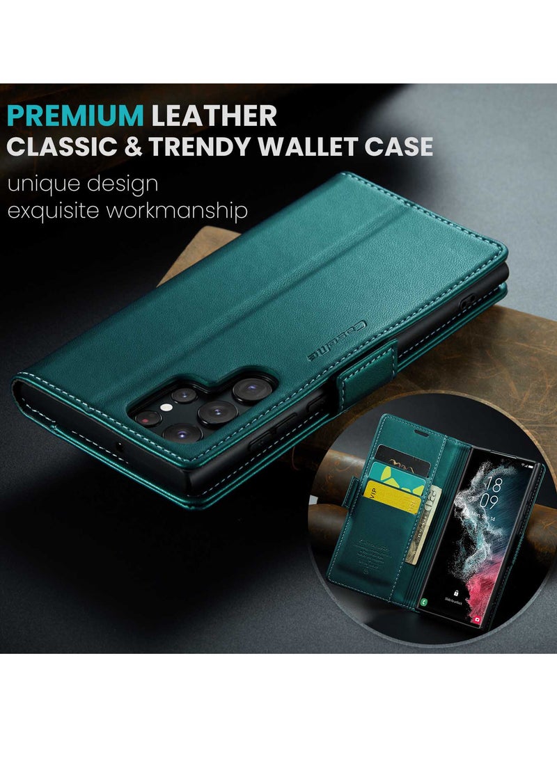 CaseMe Flip Wallet Case For Samsung Galaxy S22 Ultra, [RFID Blocking] PU Leather Wallet Flip Folio Case with Card Holder Kickstand Shockproof Phone Cover (Green) - Image 5