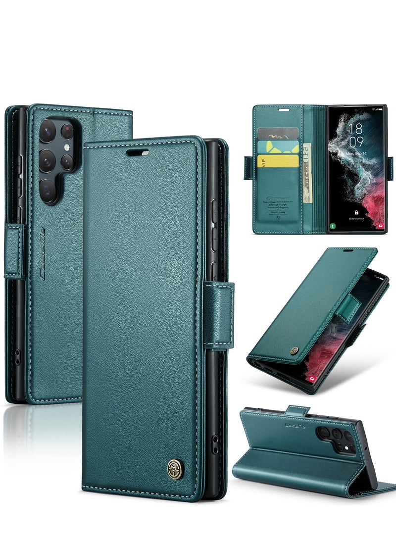 CaseMe Flip Wallet Case For Samsung Galaxy S22 Ultra, [RFID Blocking] PU Leather Wallet Flip Folio Case with Card Holder Kickstand Shockproof Phone Cover (Green) - Image 2