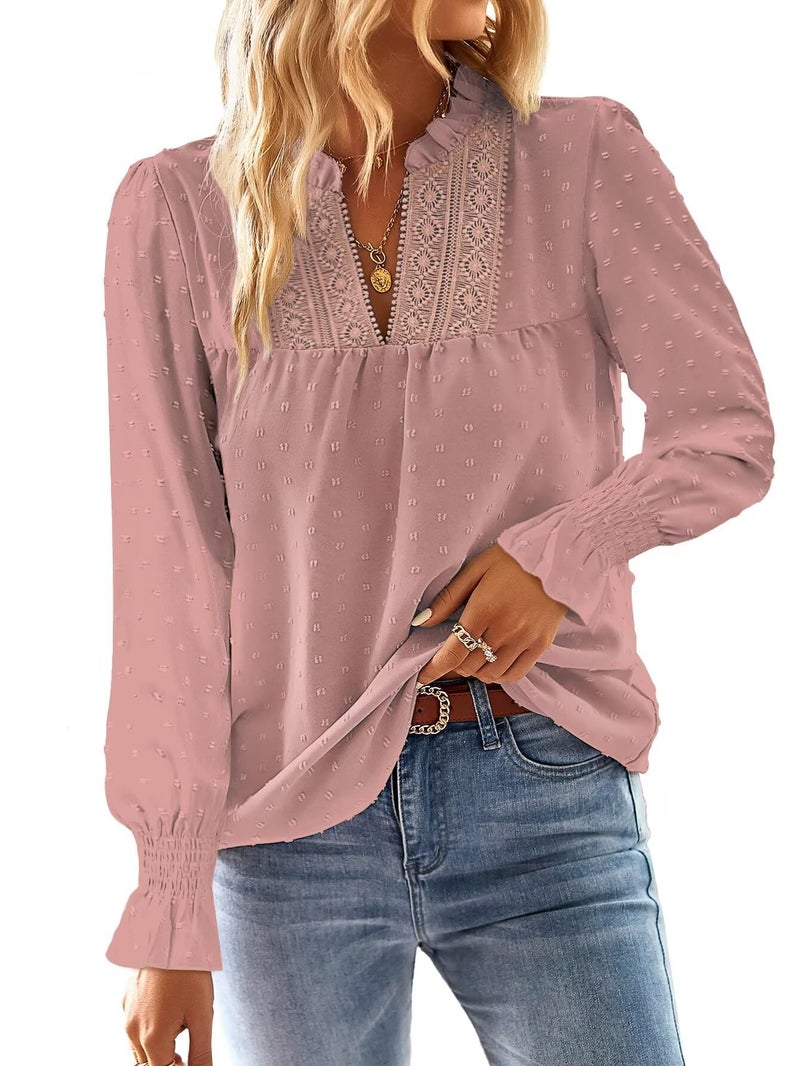 Falechay V Neck Womens Shirts Crochet Boho Western Tops for Women Trendy Flowy Long Sleeves Bohemian Blouses Elegant Ruffle Sleeve Swiss Dot Shirt Cute Teacher Top Lace Edges Pink Blouse S - Image 1