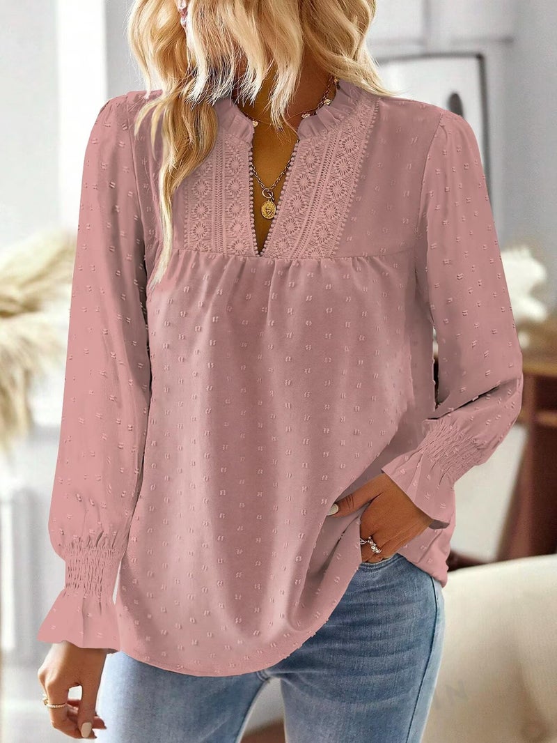 Falechay V Neck Womens Shirts Crochet Boho Western Tops for Women Trendy Flowy Long Sleeves Bohemian Blouses Elegant Ruffle Sleeve Swiss Dot Shirt Cute Teacher Top Lace Edges Pink Blouse S - Image 2